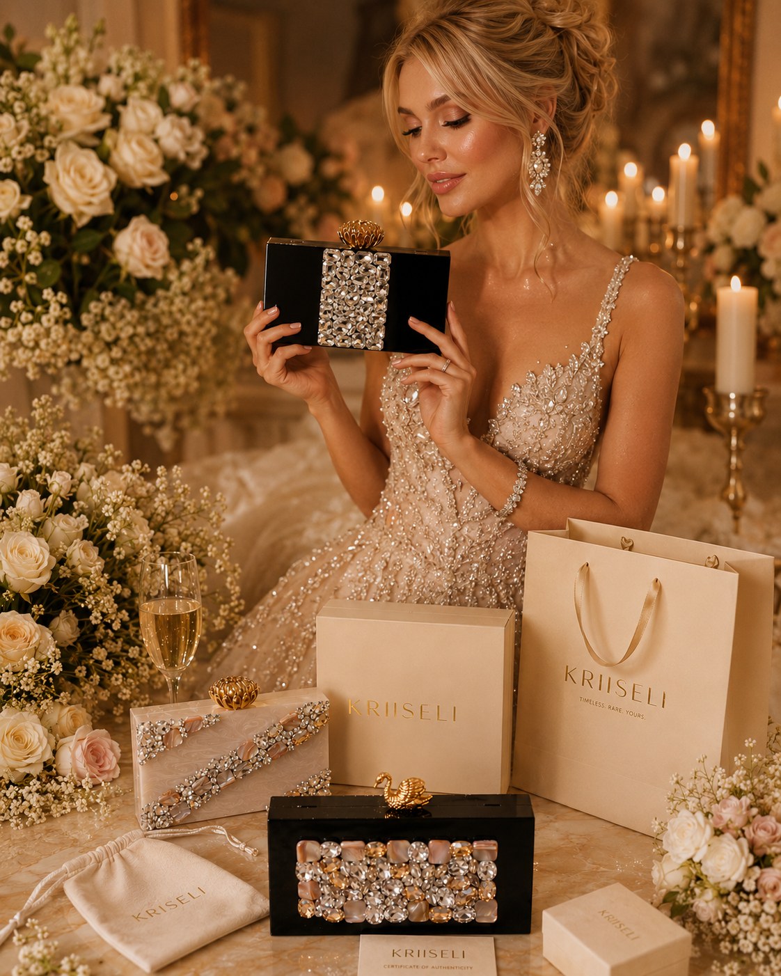 Bride in embellished gown holding The Midnight Crystal Minaudière