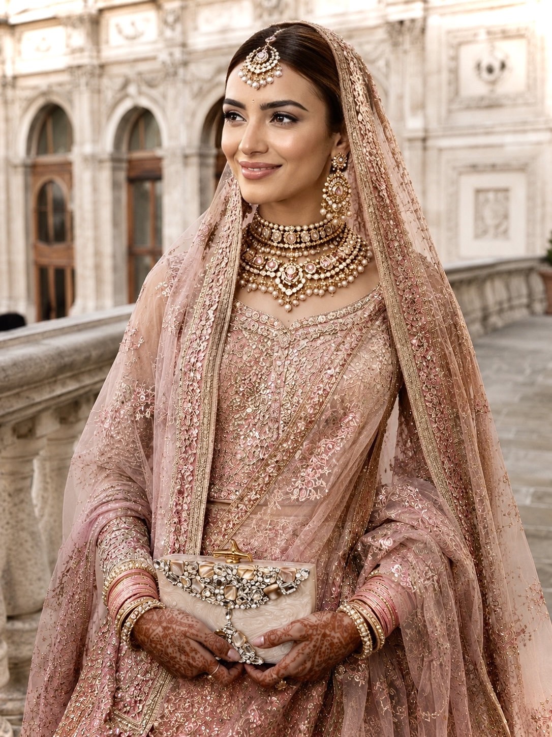 Bride in a rose-gold lehenga and heirloom jewels holding The Ivory Princess Minaudière