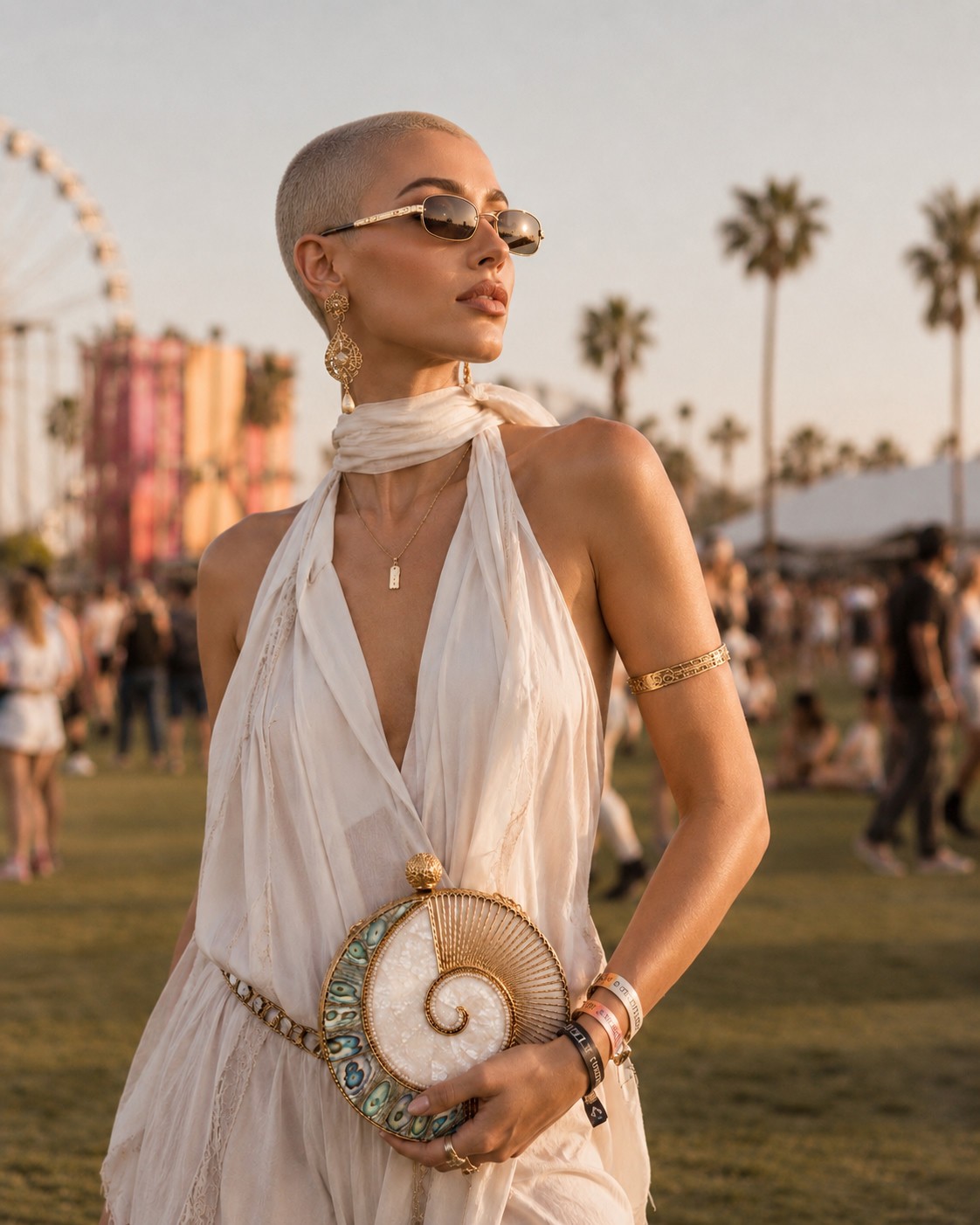 Festival-goer in white holding a KRIISELI shell clutch at golden hour