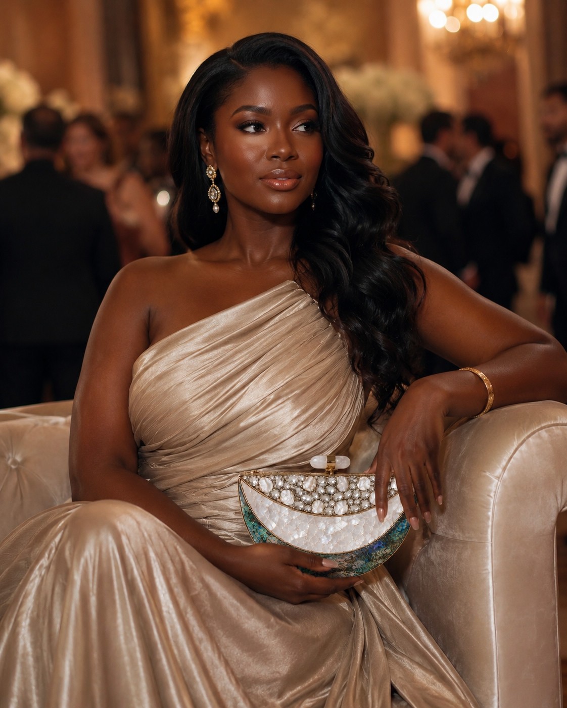 Woman in a champagne gown at a gala holding The Abalone Jewel Clutch