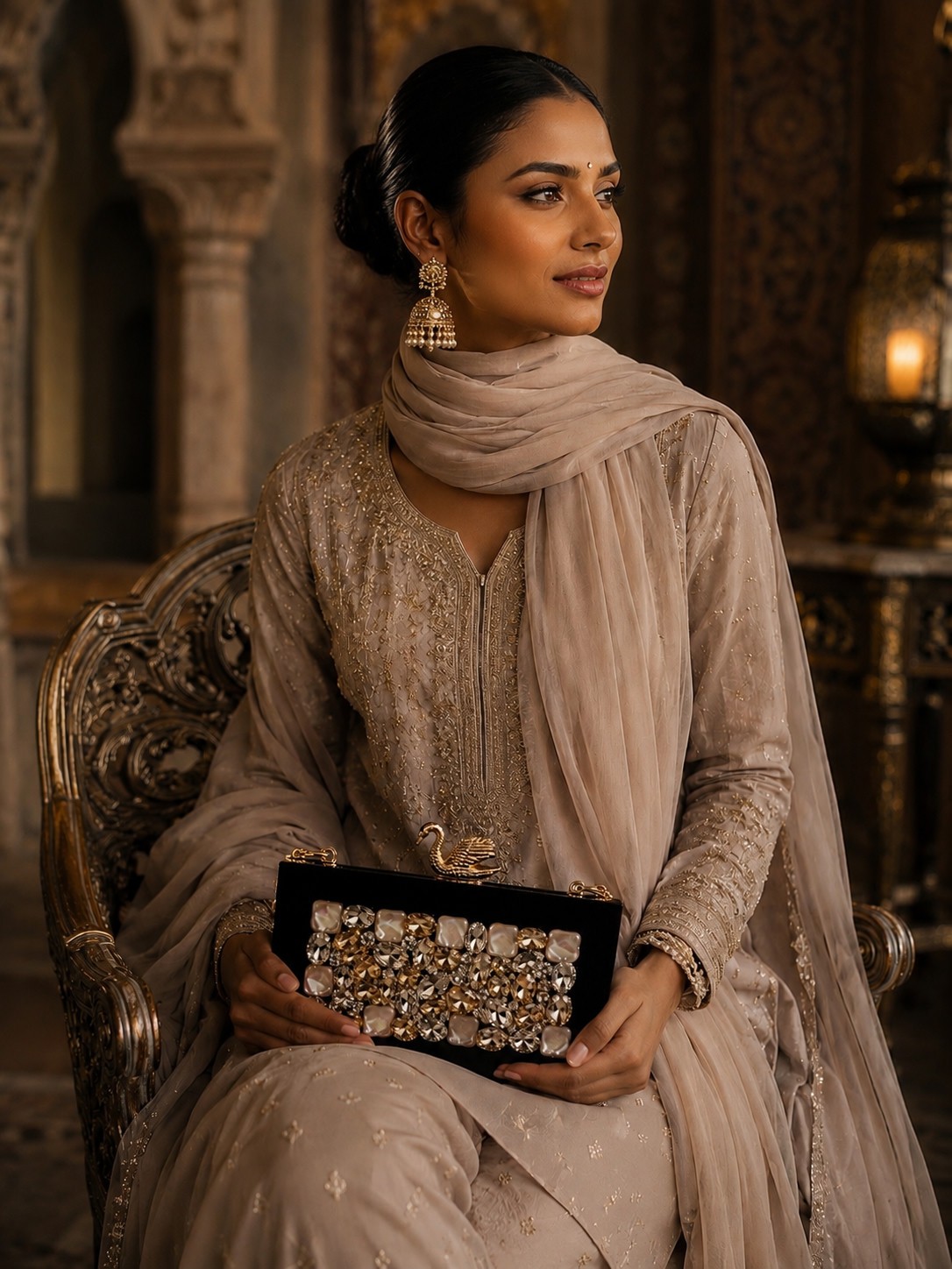 Woman in embroidered suit holding The Golden Swan Clutch in a palace interior
