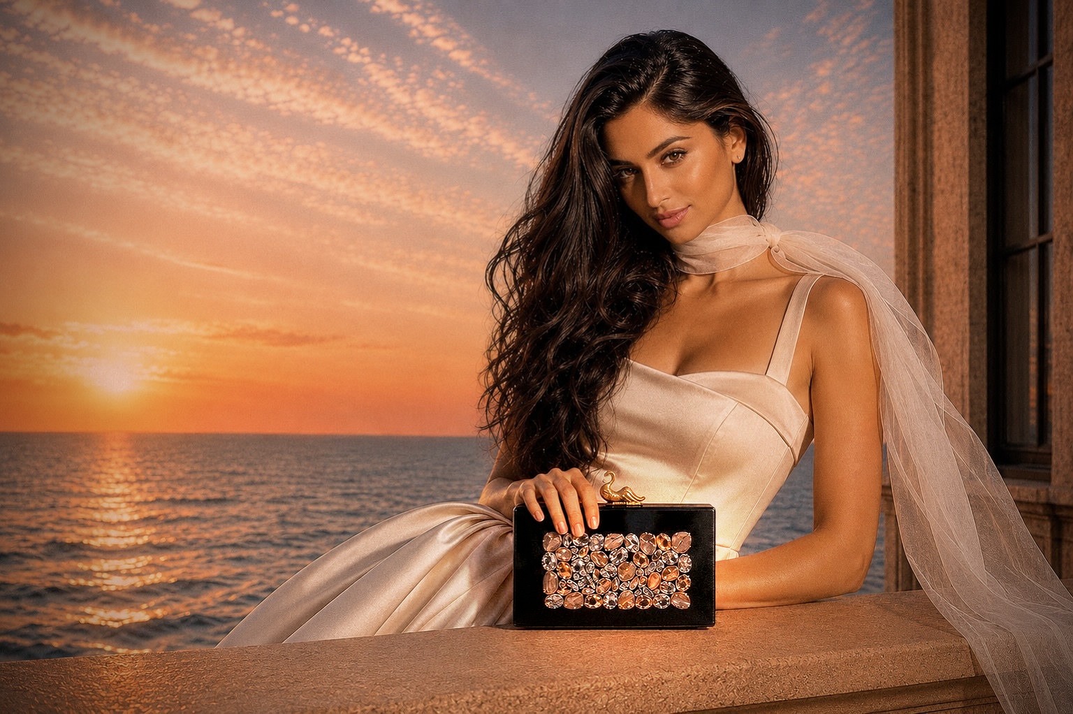 Model with The Golden Swan Clutch on a seaside balustrade at sunset — welcome to KRIISELI