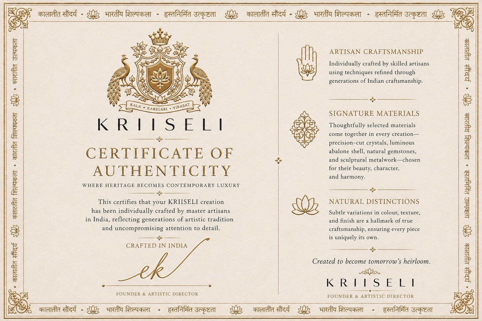 The KRIISELI Certificate of Authenticity — gold crest, signed by the founder, certifying each clutch is handmade by skilled artisans in India