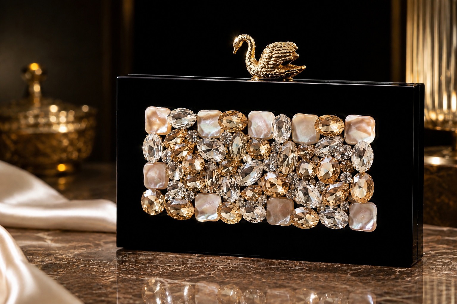 Black box clutch with champagne crystals, mother-of-pearl and a sculpted gold swan clasp