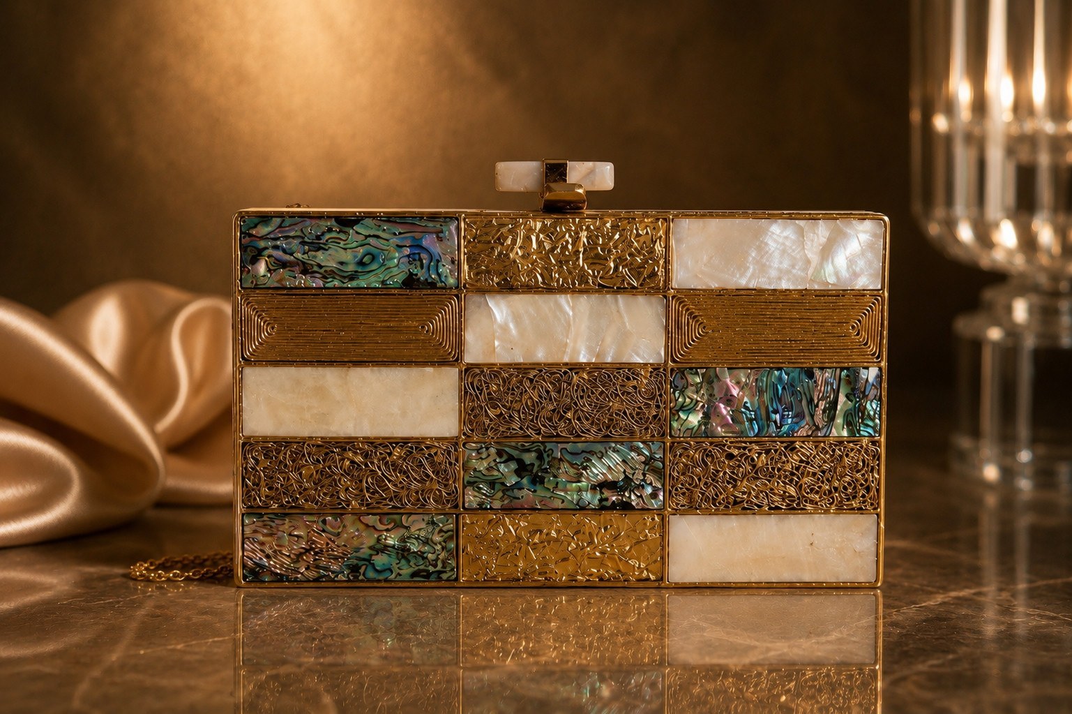 Checkerboard clutch in abalone, textured gold and mother-of-pearl