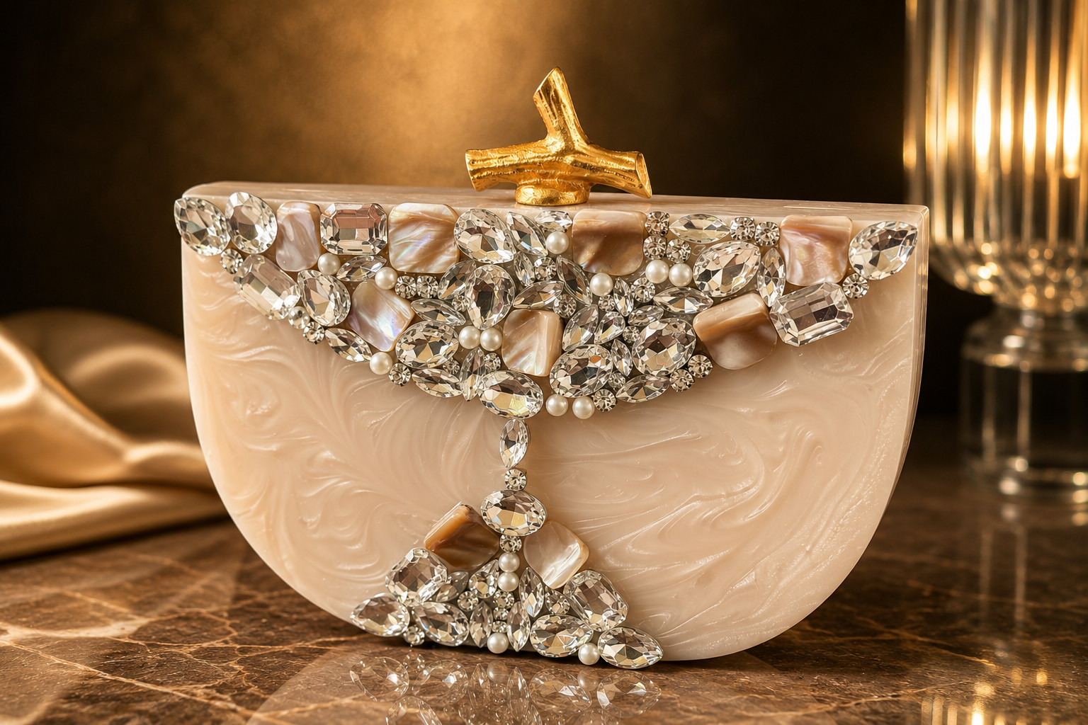 Half-moon ivory clutch with cascading crystal and pearl embellishment, gold branch clasp