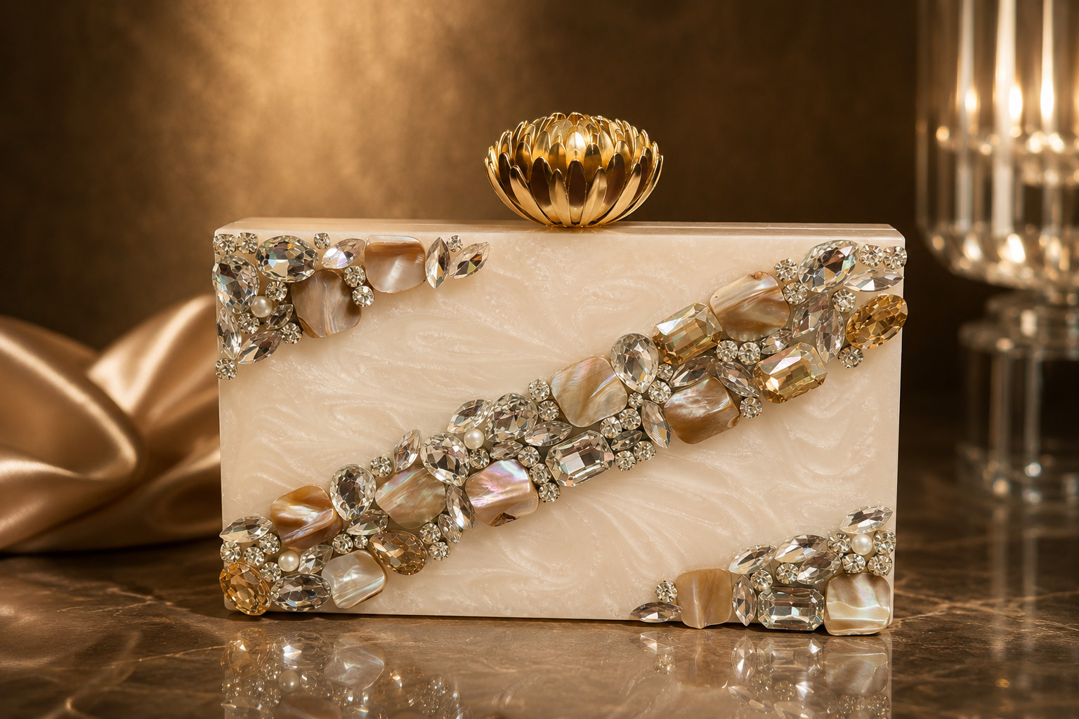Ivory pearl-resin clutch with diagonal crystal and mother-of-pearl band, gold lotus clasp
