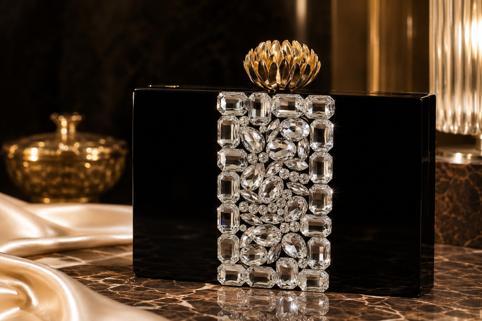 Black lacquered box clutch with a panel of large hand-set crystals and gold lotus clasp