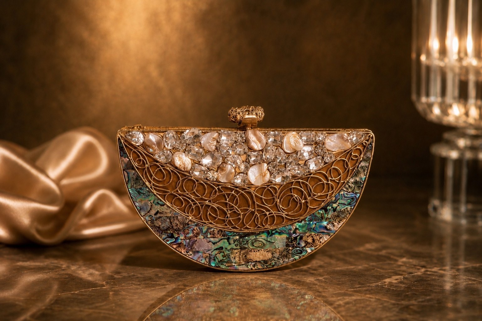 Half-moon clutch in abalone shell, gold wirework and crystal